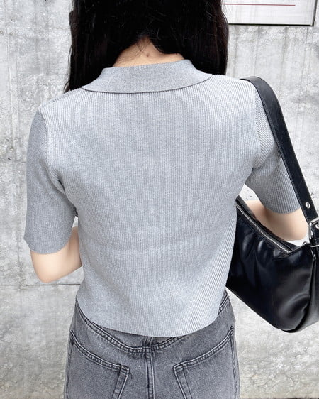 INGNI（イング） 襟付フロントロゴ刺繍半袖ジップニットカーディガン ｸﾞﾚｰ/ｸﾛ