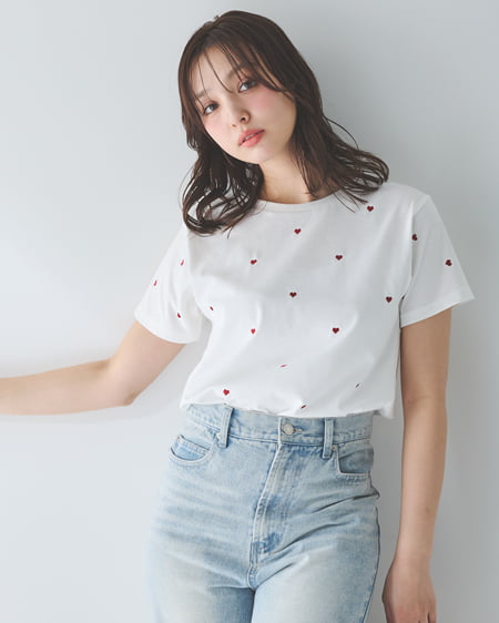 INGNI（イング） ハート刺繍Tシャツ ｵﾌﾎﾜｲﾄ/ｱｶ
