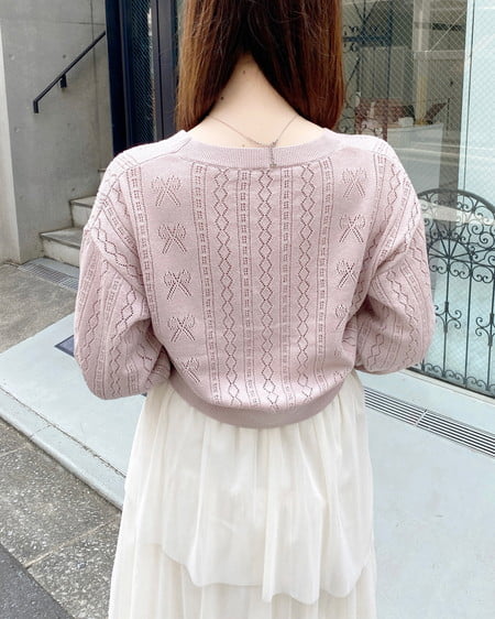 INGNI（イング） リボン柄パターンメッシュニットカーディガン ﾋﾟﾝｸ