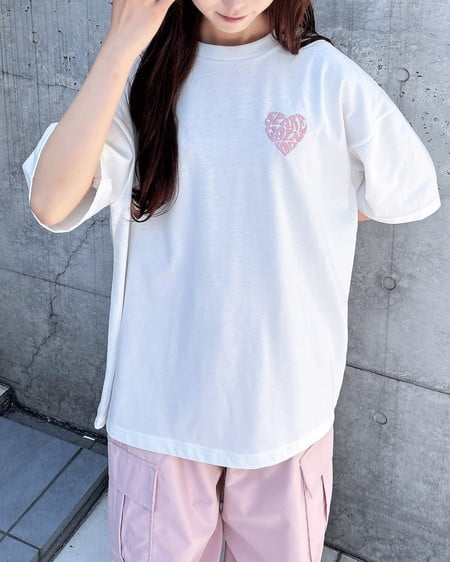 INGNI（イング） Backハート貼付チュニックTシャツ／Ａ ｵﾌﾎﾜｲﾄ/ﾋﾟﾝｸ