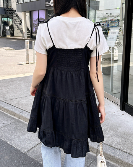 INGNI（イング） コットンレースティアードミニキャミワンピース ｸﾛ
