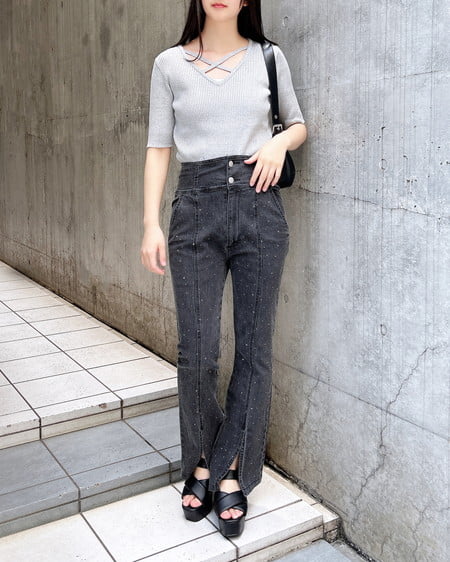 INGNI（イング） メタル付フロントスリットハイウエストフレアパンツ ｸﾞﾚｰ