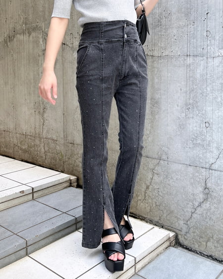 INGNI（イング） メタル付フロントスリットハイウエストフレアパンツ ｸﾞﾚｰ