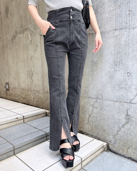 INGNI（イング） メタル付フロントスリットハイウエストフレアパンツ ｸﾞﾚｰ