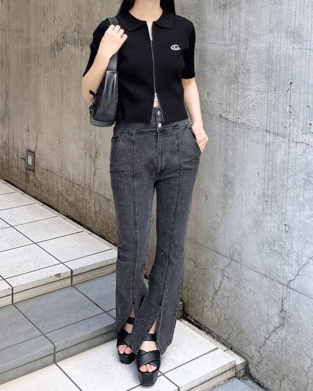 INGNI（イング） メタル付フロントスリットハイウエストフレアパンツ ｸﾞﾚｰ