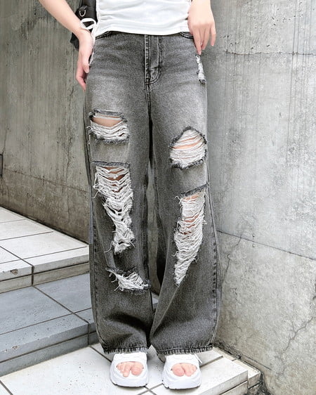 INGNI（イング） クラッシュデニムワイドパンツ ｸﾞﾚｰ