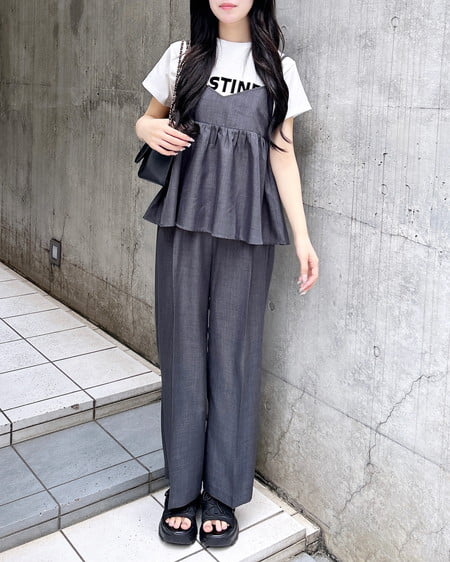 INGNI（イング） 麻調キャミ＋パンツ／セットアップ ﾁｬｺｰﾙｸﾞﾚｰ