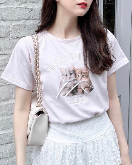 INGNI（イング） リボン付ねこTシャツ ﾗｲﾄﾋﾟﾝｸ