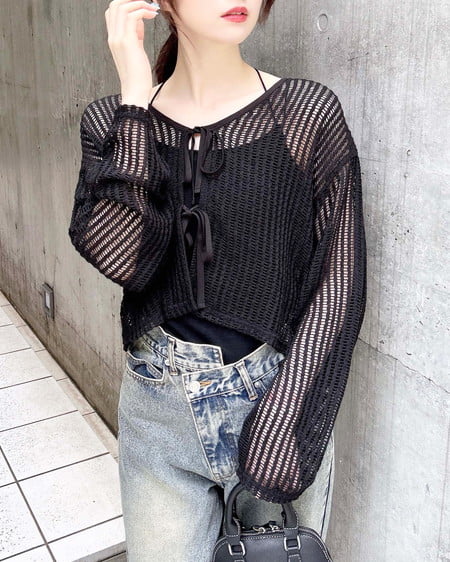 【WEB限定】フロントリボンメッシュカットカーディガン