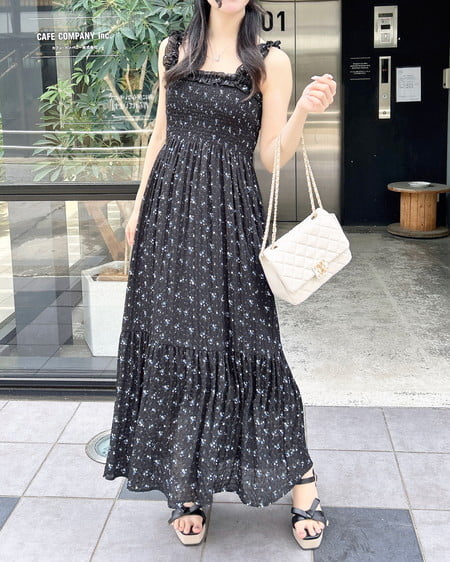 2Wayフリル花柄シャーリングワンピース