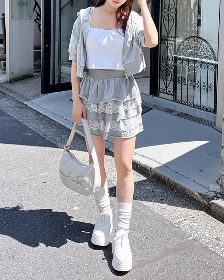 INGNI（イング） レース付ミニスウェットZIPパーカー(セットアップ対応) ｸﾞﾚｰ