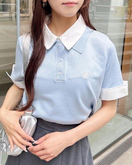 INGNI（イング） ダブルカラー胸刺繍半袖ポロニット ｻｯｸｽ/ｵﾌﾎﾜｲﾄ