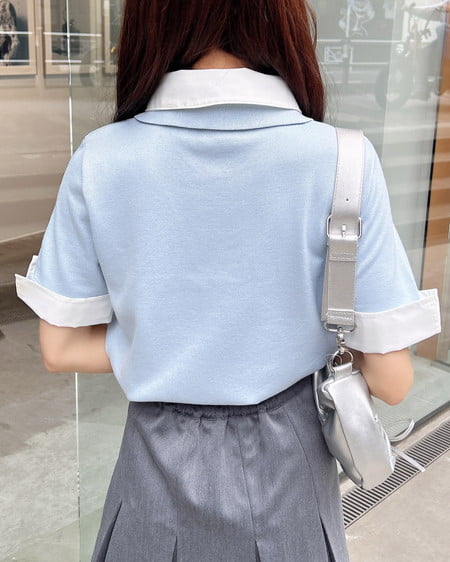 INGNI（イング） ダブルカラー胸刺繍半袖ポロニット ｻｯｸｽ/ｵﾌﾎﾜｲﾄ