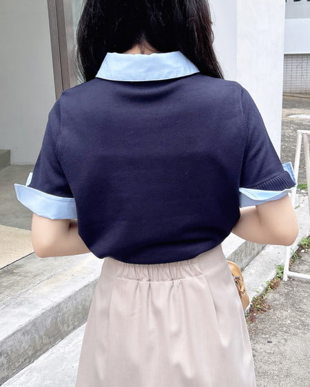 INGNI（イング） ダブルカラー胸刺繍半袖ポロニット ｺﾝ/ﾌﾞﾙｰ