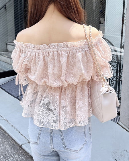 INGNI（イング） レースオフショルブラウス ﾋﾟﾝｸﾍﾞｰｼﾞｭ