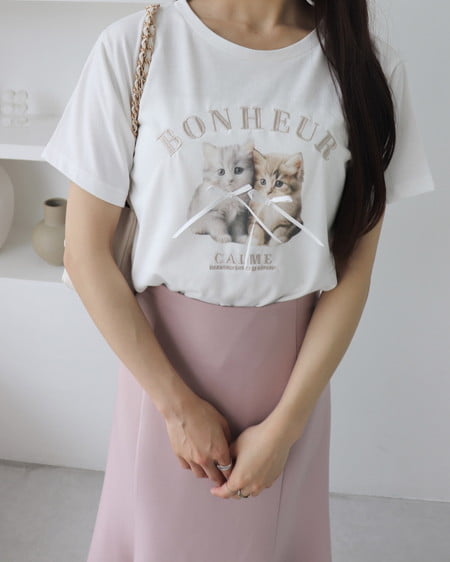 INGNI（イング） リボン付ねこTシャツ ｵﾌﾎﾜｲﾄ