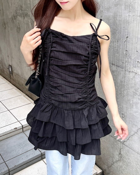 INGNI（イング） コットンレースドロストフリルミニキャミワンピース ｸﾛ