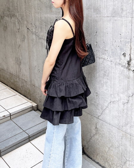 INGNI（イング） コットンレースドロストフリルミニキャミワンピース ｸﾛ