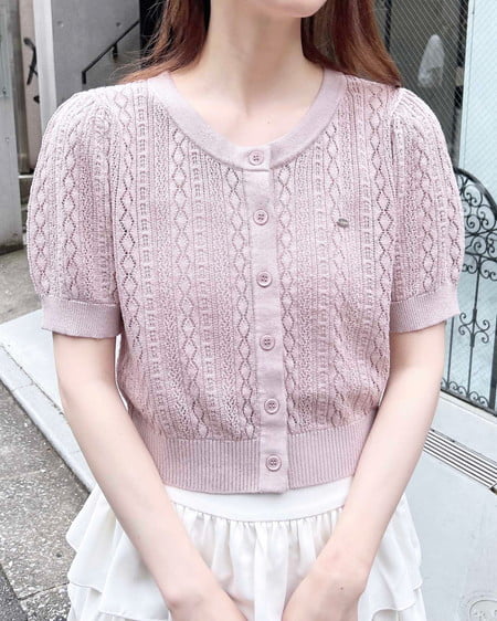プレート付パターンメッシュ半袖ニットカーディガン