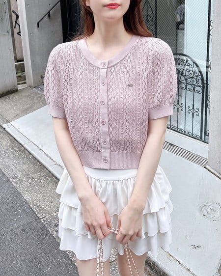 INGNI（イング） プレート付パターンメッシュ半袖ニットカーディガン ﾋﾟﾝｸ