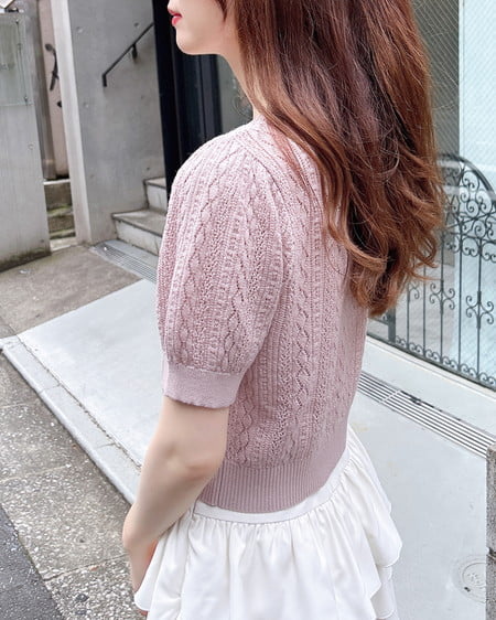 INGNI（イング） プレート付パターンメッシュ半袖ニットカーディガン ﾋﾟﾝｸ