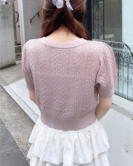 INGNI（イング） プレート付パターンメッシュ半袖ニットカーディガン ﾋﾟﾝｸ