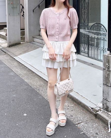 INGNI（イング） プレート付パターンメッシュ半袖ニットカーディガン ﾋﾟﾝｸ