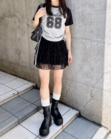 INGNI（イング） ナンバリングラグランTシャツ ｸﾞﾚｰ/ｸﾛ