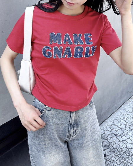 デニム貼付サイドギャザーTシャツ