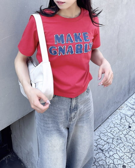 INGNI（イング） デニム貼付サイドギャザーTシャツ ｱｶ
