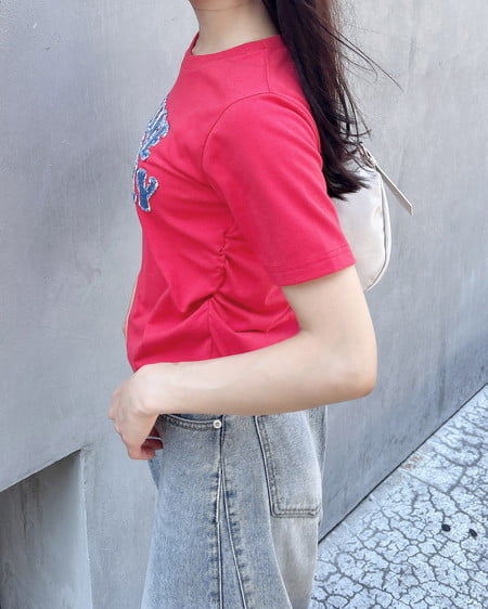 INGNI（イング） デニム貼付サイドギャザーTシャツ ｱｶ