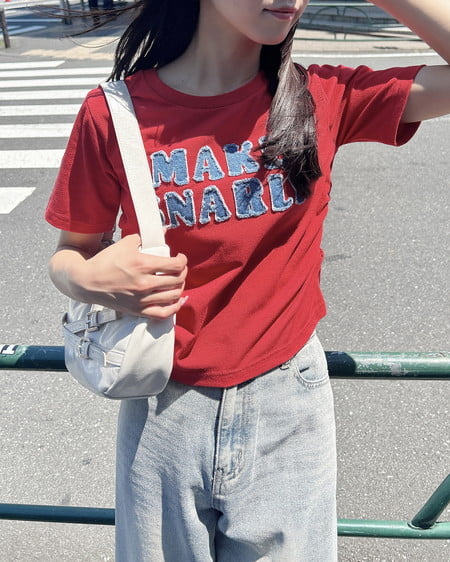 INGNI（イング） デニム貼付サイドギャザーTシャツ ｱｶ
