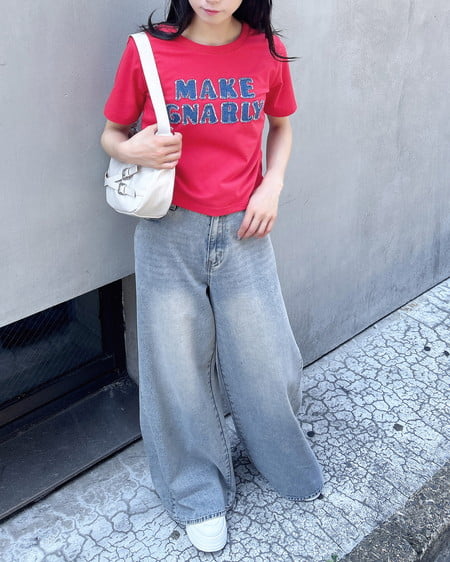 INGNI（イング） デニム貼付サイドギャザーTシャツ ｱｶ
