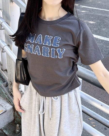 デニム貼付サイドギャザーTシャツ