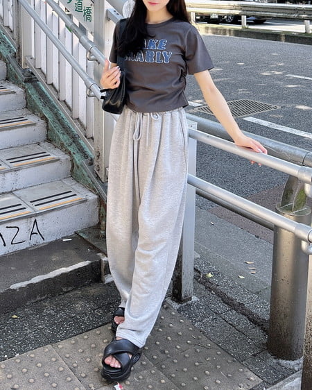 INGNI（イング） デニム貼付サイドギャザーTシャツ ﾁｬｺｰﾙｸﾞﾚｰ