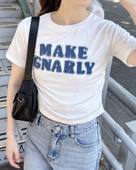 デニム貼付サイドギャザーTシャツ