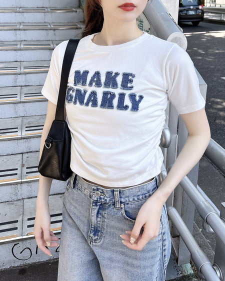 INGNI（イング） デニム貼付サイドギャザーTシャツ ｵﾌﾎﾜｲﾄ