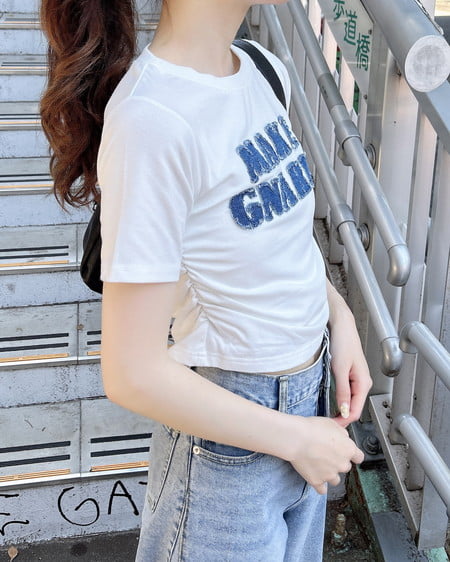 INGNI（イング） デニム貼付サイドギャザーTシャツ ｵﾌﾎﾜｲﾄ