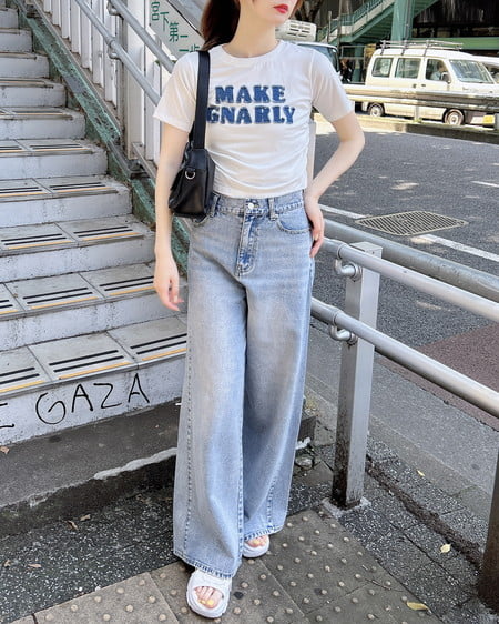 INGNI（イング） デニム貼付サイドギャザーTシャツ ｵﾌﾎﾜｲﾄ