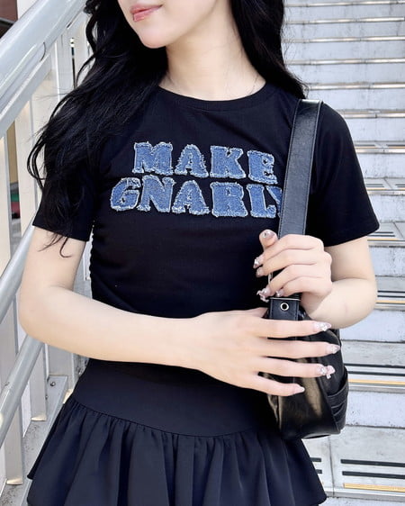 デニム貼付サイドギャザーTシャツ
