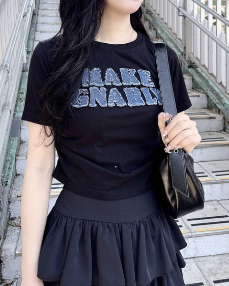 INGNI（イング） デニム貼付サイドギャザーTシャツ ｸﾛ