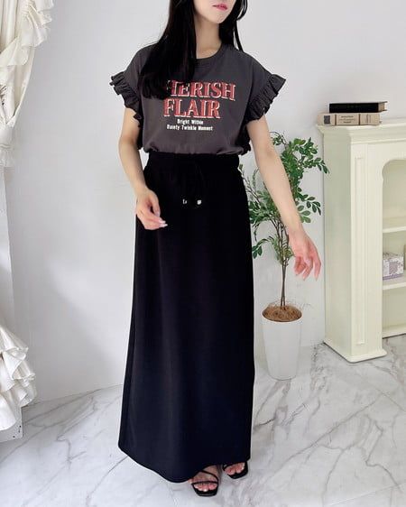 INGNI（イング） 袖フリルロゴTシャツ ﾁｬｺｰﾙｸﾞﾚｰ/ｱｶ