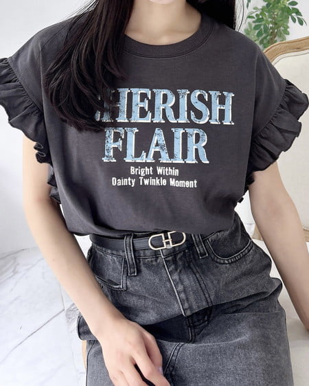 INGNI（イング） 袖フリルロゴTシャツ ﾁｬｺｰﾙｸﾞﾚｰ/ﾌﾞﾙｰ