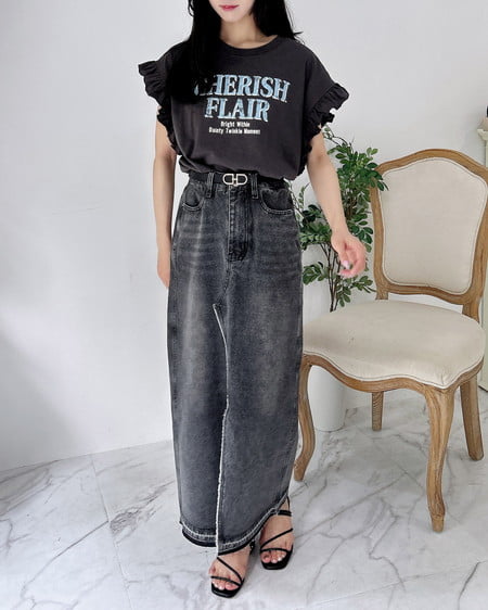 INGNI（イング） 袖フリルロゴTシャツ ﾁｬｺｰﾙｸﾞﾚｰ/ﾌﾞﾙｰ