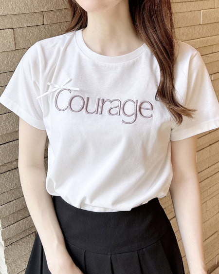 リボン付ラメ刺繍ロゴTシャツ