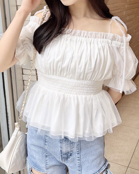 【7／1までの限定価格】肩リボンチュールオフショルブラウス