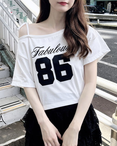 ワンショル肩リボンナンバリングTシャツ