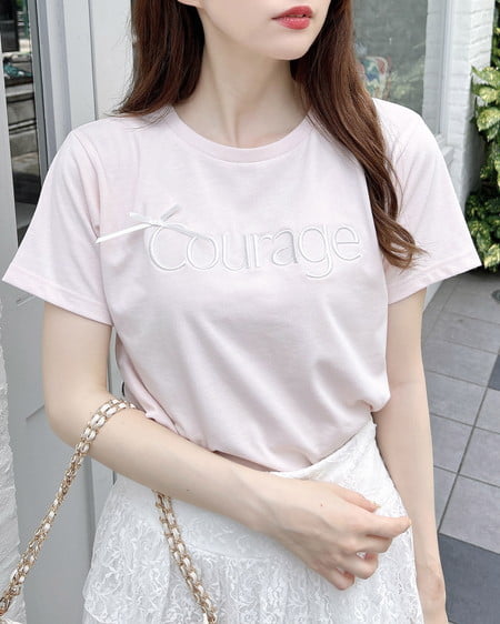 リボン付ラメ刺繍ロゴTシャツ