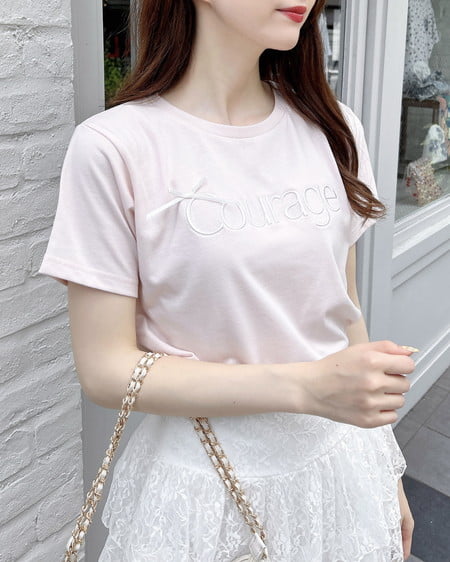 INGNI（イング） リボン付ラメ刺繍ロゴTシャツ ﾋﾟﾝｸ/ｵﾌﾗﾒ