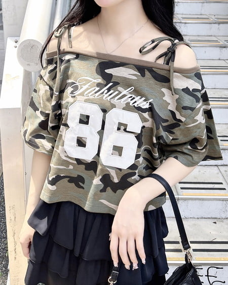 ワンショル肩リボンナンバリングTシャツ